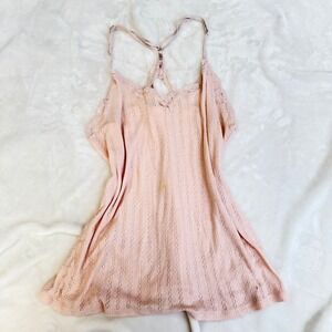 Vintage VS Pink Lace Trim Cami Tank Top Womens L Ribbed Knit Camisole